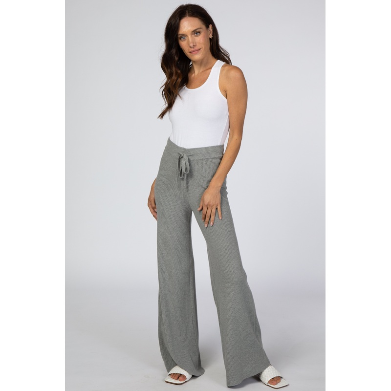 Heather Grey Ribbed Knit Wide Leg Pants
