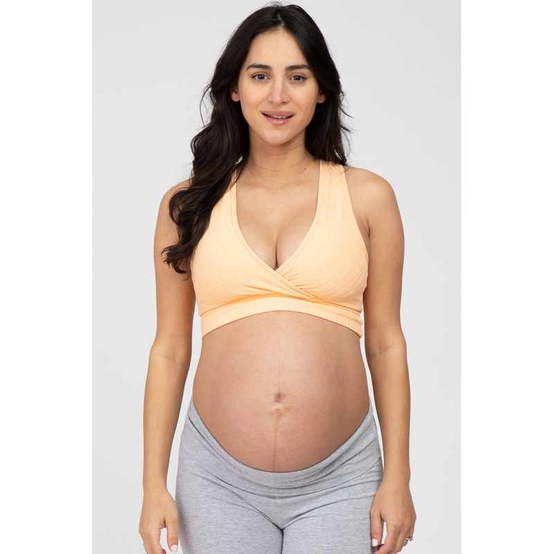 Peach Ribbed Crossover Maternity Sports Bra