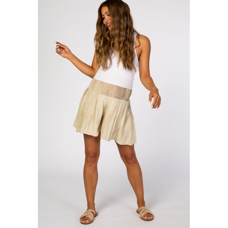 Taupe Tie Dye Smocked Maternity Shorts