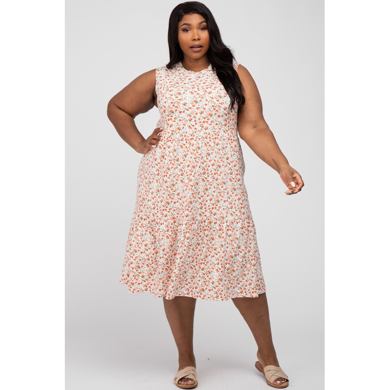 White Floral Ribbed Sleeveless Plus Midi Dress
