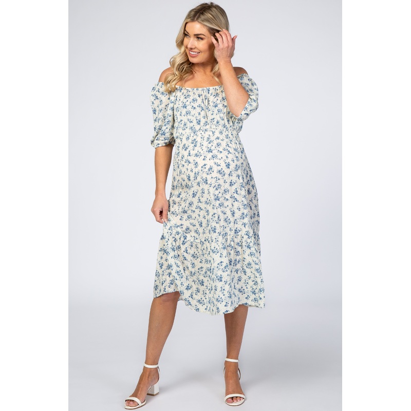 White Floral Scoop Neck Bubble Sleeve Maternity Midi Dress