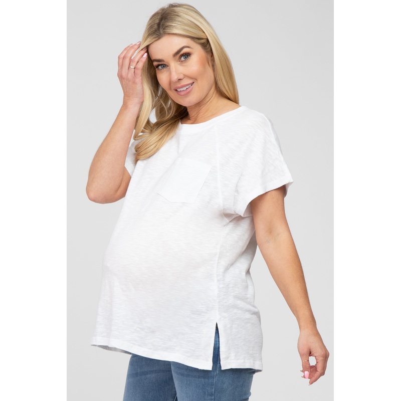 White Heathered Front Pocket Maternity Top