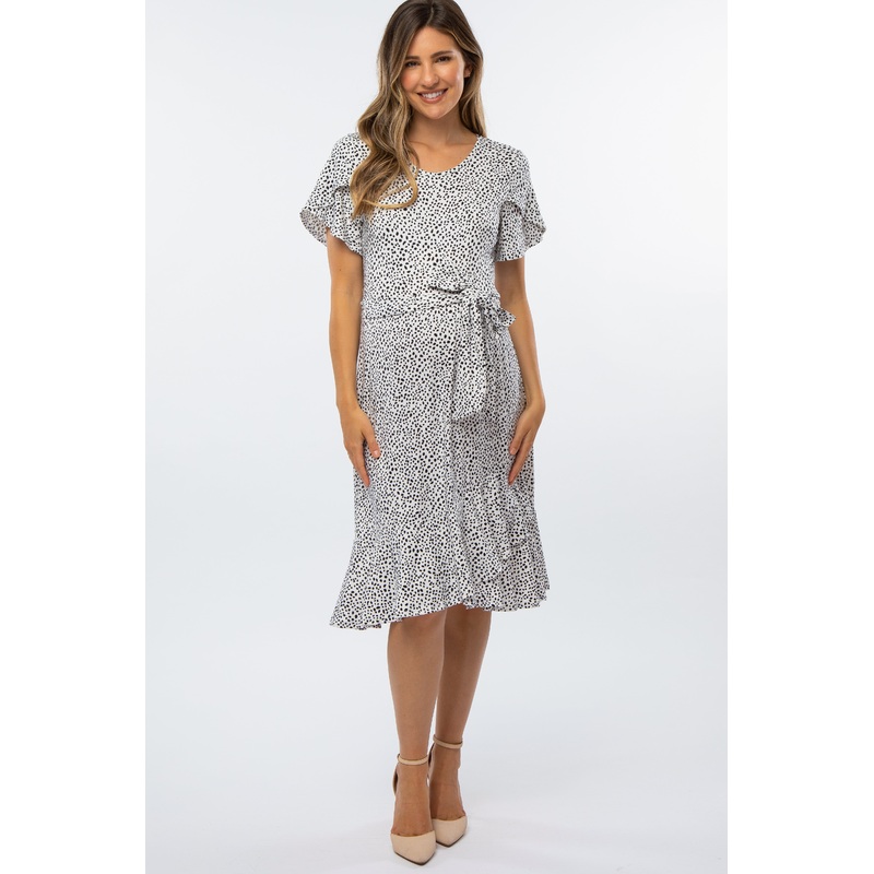 White Polka Dot Ruffle Maternity Dress