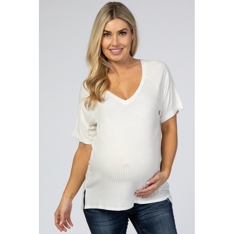 White Ribbed V-Neck Hi-Low Maternity Top