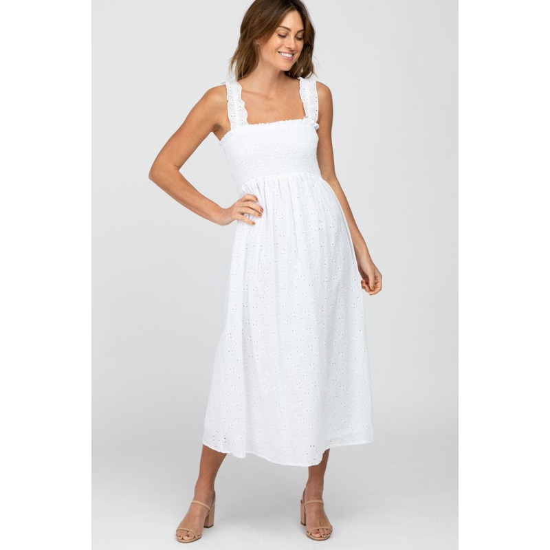 White Square Neck Eyelet Midi Dress