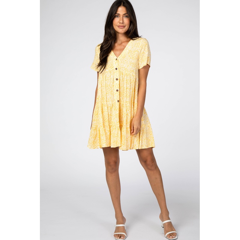 Yellow Floral Ruffle Tiered Button Front Dress