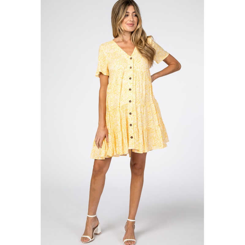 Yellow Floral Ruffle Tiered Button Front Maternity Dress