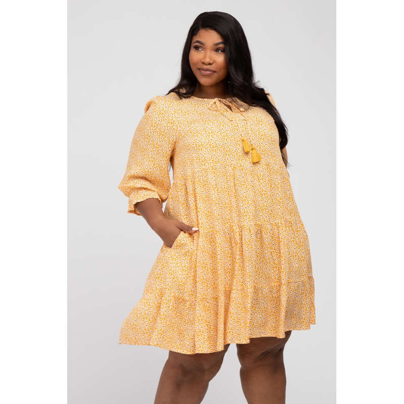 Yellow Floral Tiered Long Sleeve Plus Dress