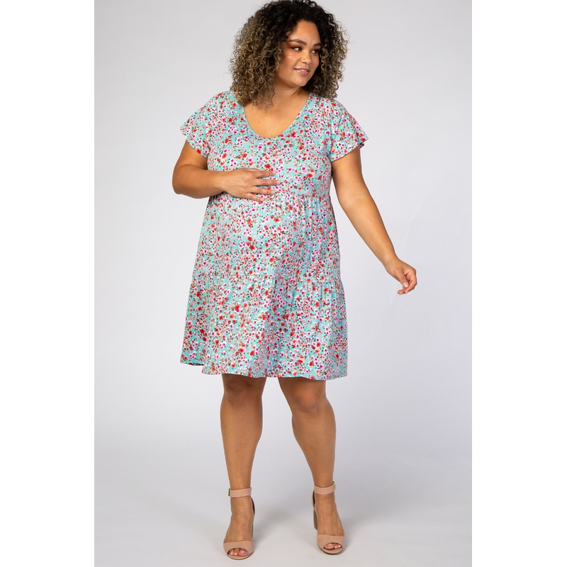 Aqua Floral Pleated Tier Babydoll Maternity Plus Dress