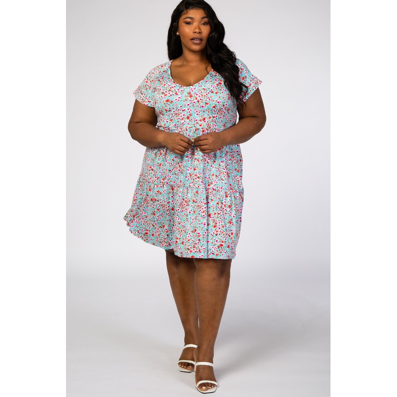 Aqua Floral Pleated Tier Babydoll Plus Dress