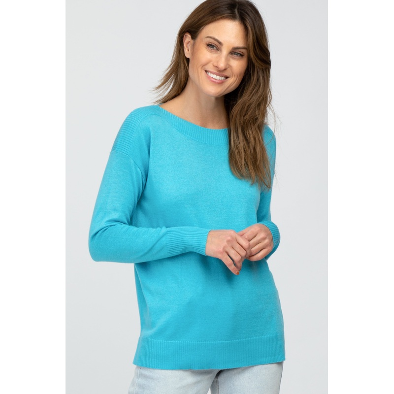 Aqua Ribbed Trim Side Slit Top