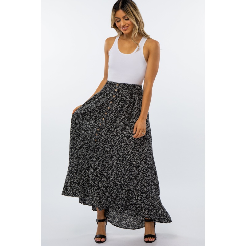 Black Floral Button Accent Maxi Skirt