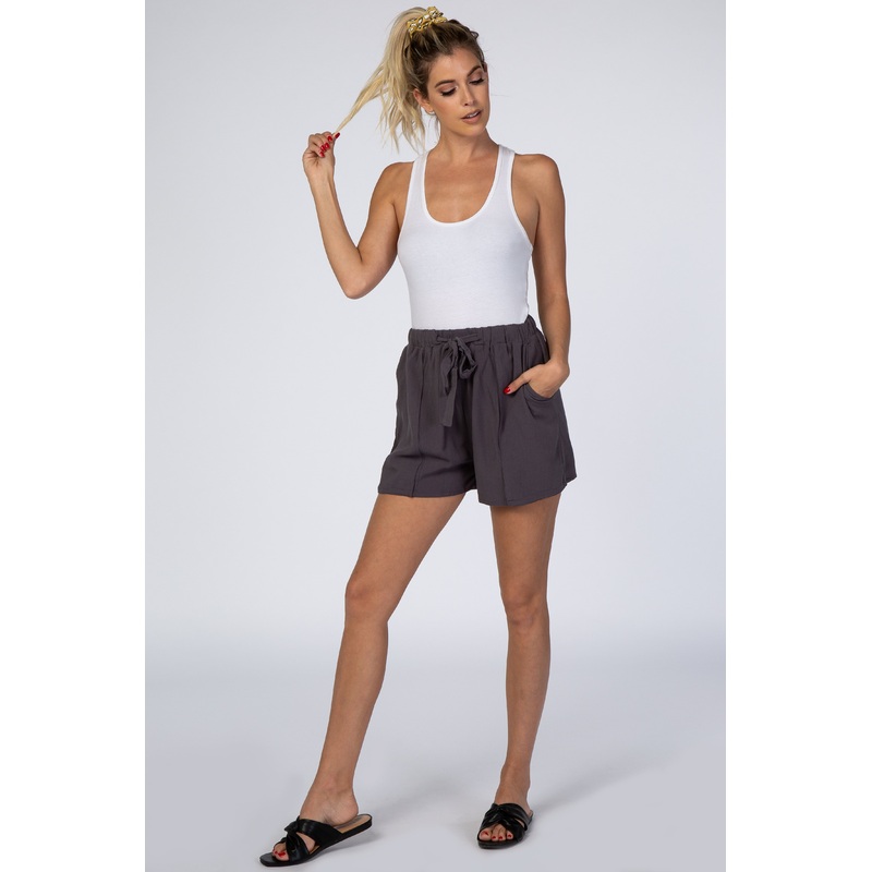 Charcoal Elastic Waist Flowy Shorts