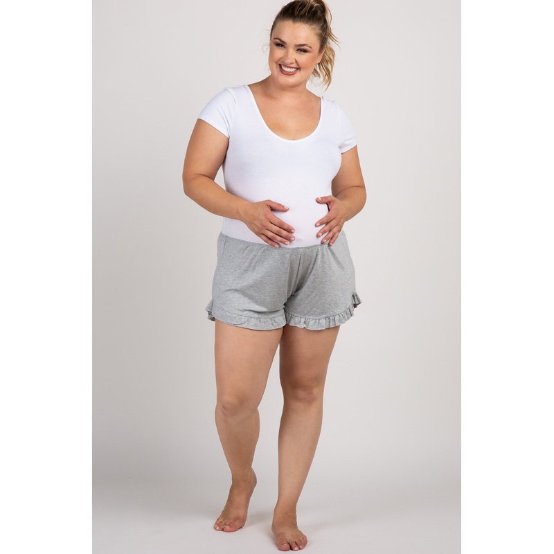 Grey Ruffled Trim Maternity Plus Pajama Shorts