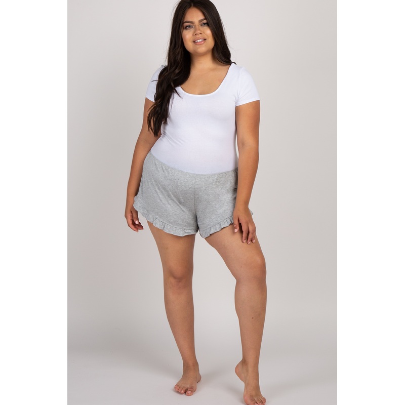 Grey Ruffled Trim Plus Pajama Shorts