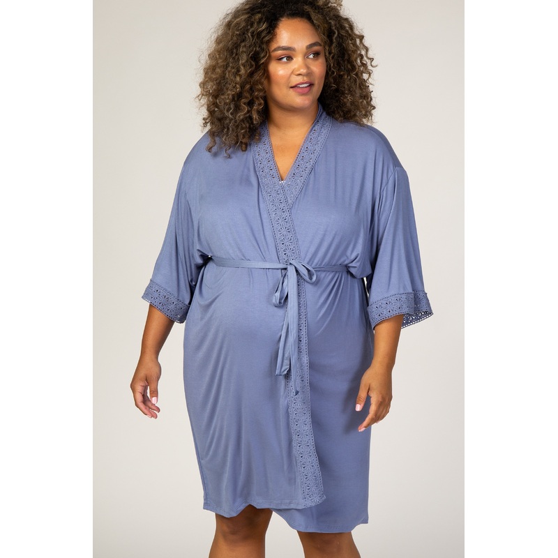PinkBlush Blue Crochet Trim Plus Delivery/Nursing Maternity Robe