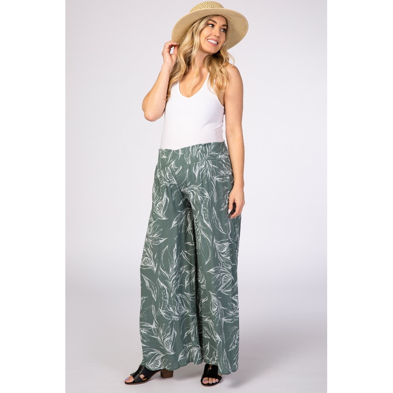 Sage Green Leaf Print Wide Leg Maternity Pants