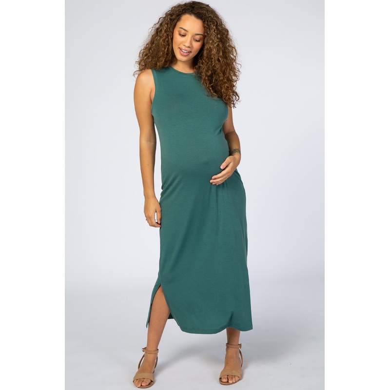 Teal Sleeveless Side Slit Maternity Maxi Dress