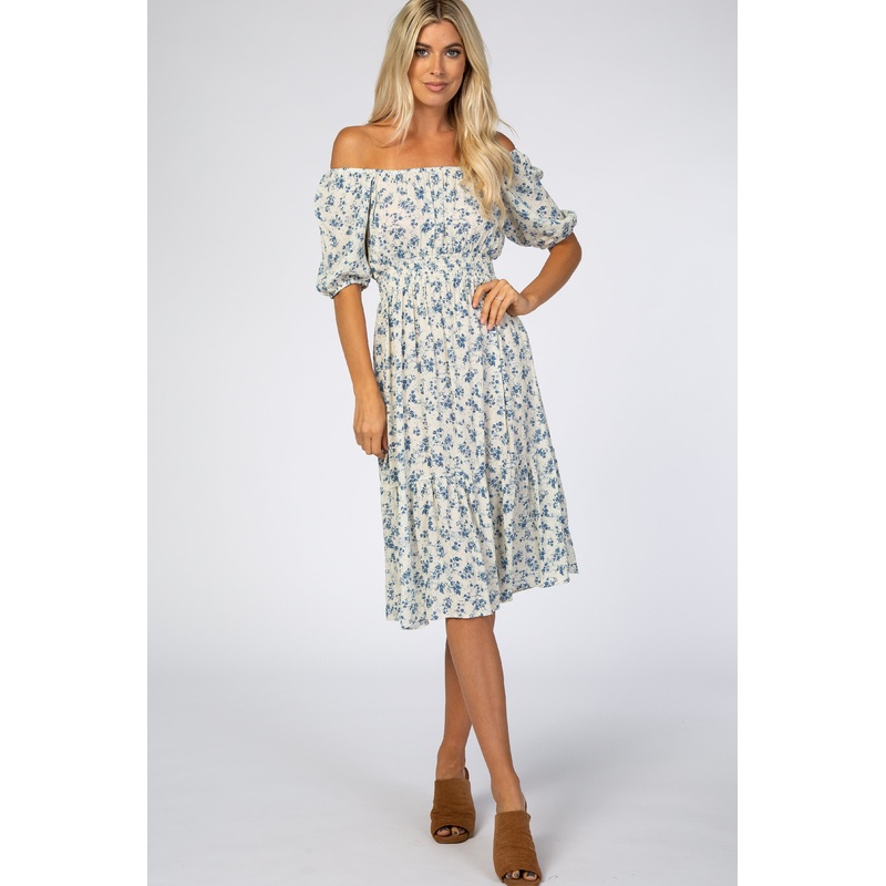 White Floral Scoop Neck Bubble Sleeve Midi Dress