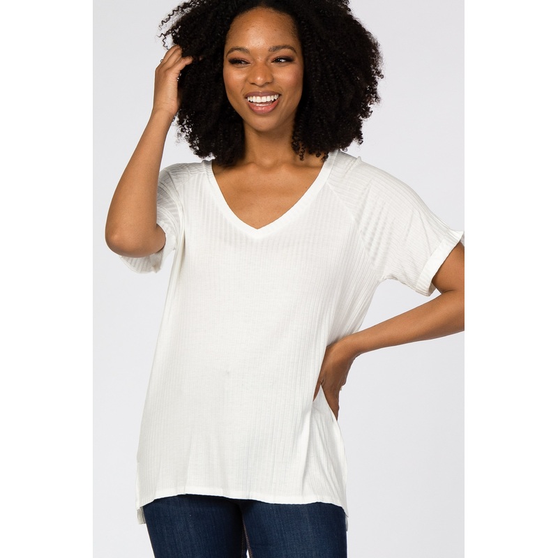 White Ribbed V-Neck Hi-Low Top