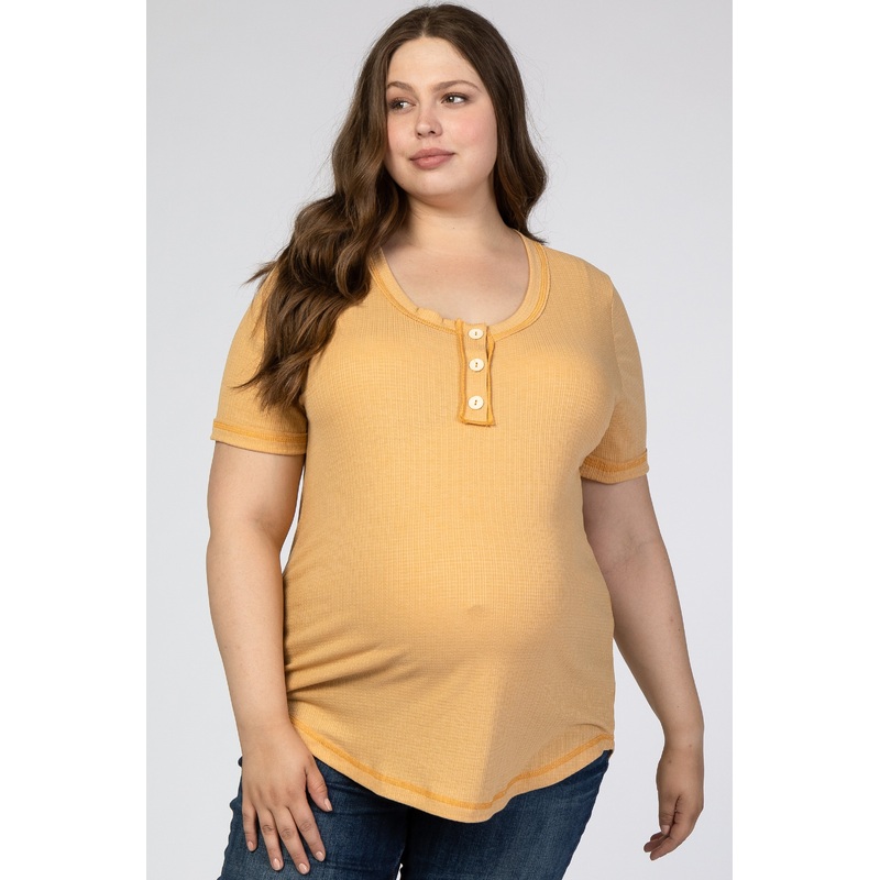Yellow Button Front Maternity Plus T Shirt