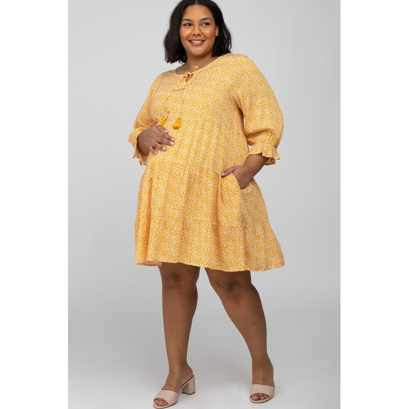 Yellow Floral Tiered Long Sleeve Plus Maternity Dress