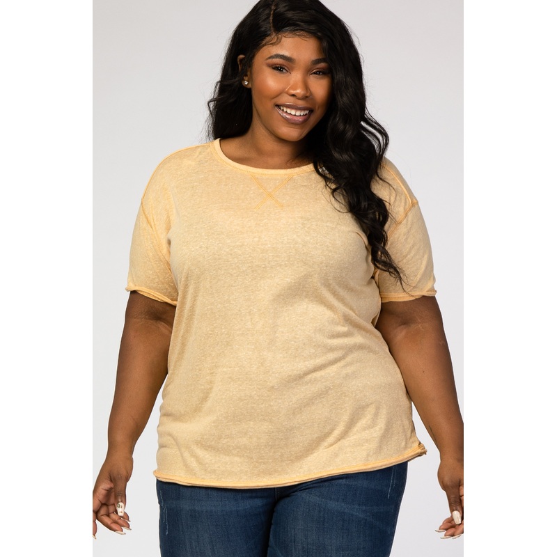 Yellow Raw Edge Short Sleeve Plus Top