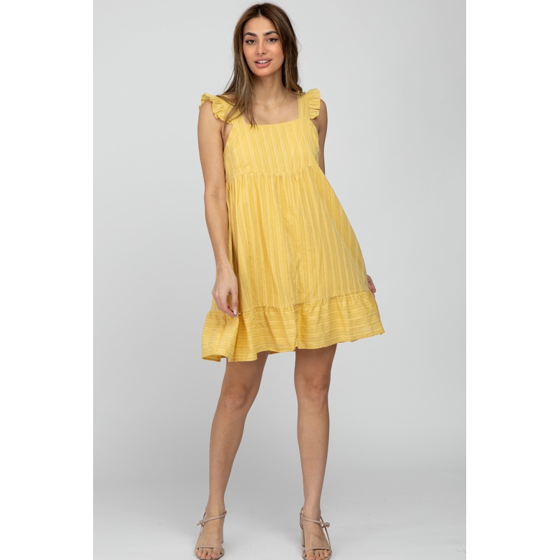 Yellow Striped Square Neck Ruffle Strap Dress