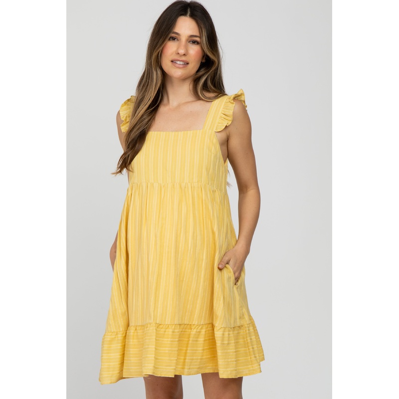 Yellow Striped Square Neck Ruffle Strap Maternity Dress