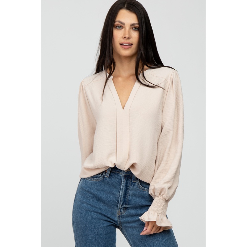 Beige Long Ruffle Sleeve Blouse