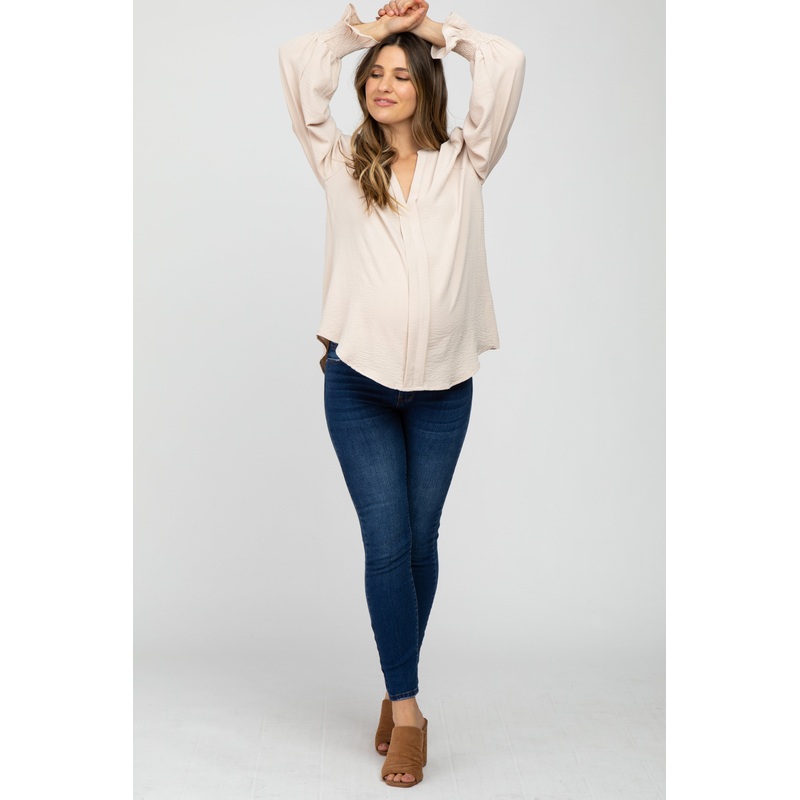 Beige Long Ruffle Sleeve Maternity Blouse