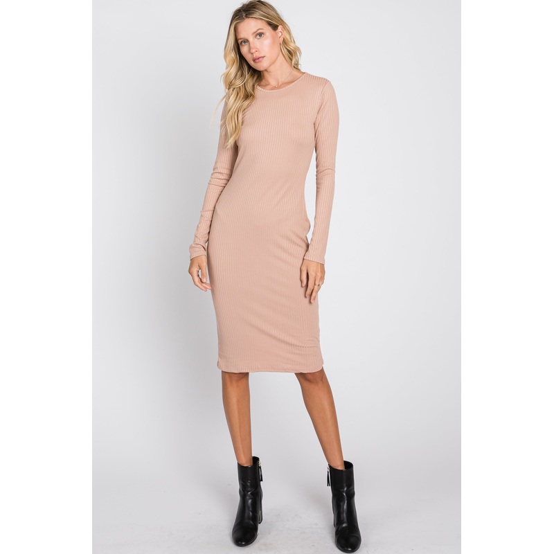 Beige Ribbed Fitted Long Sleeve Dress