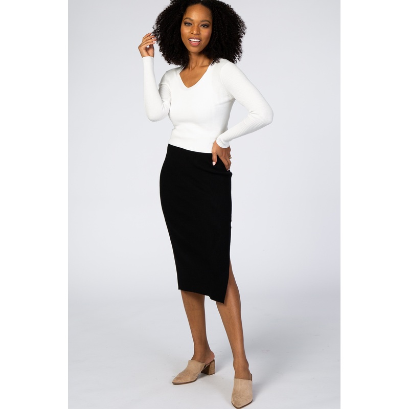 Black Ribbed Knit Pencil Skirt