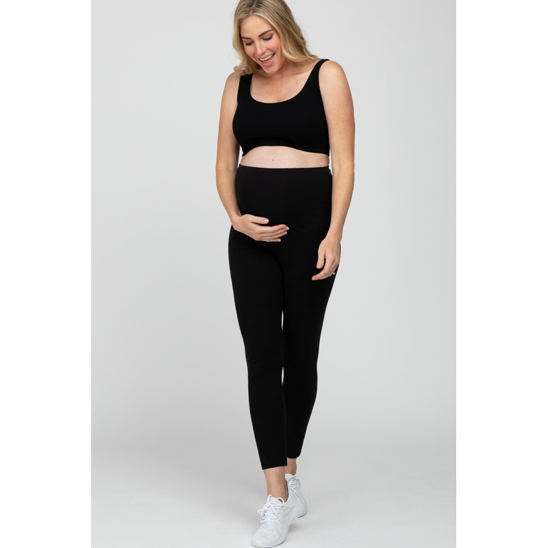 Black Ribbed Scoop Neck Seamless Maternity Sports Bra