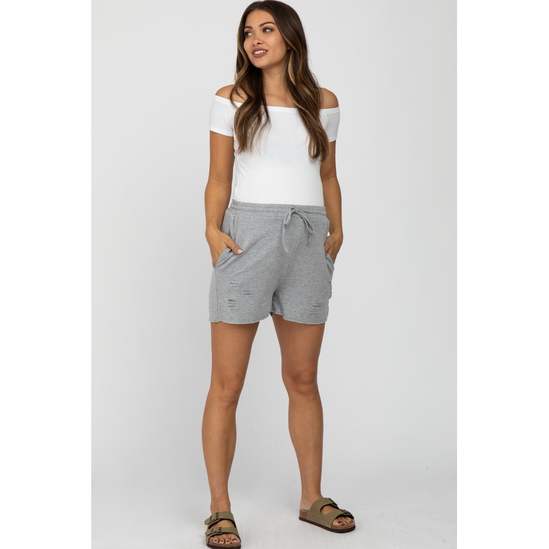 Heather Grey Distressed Drawstring Maternity Lounge Shorts