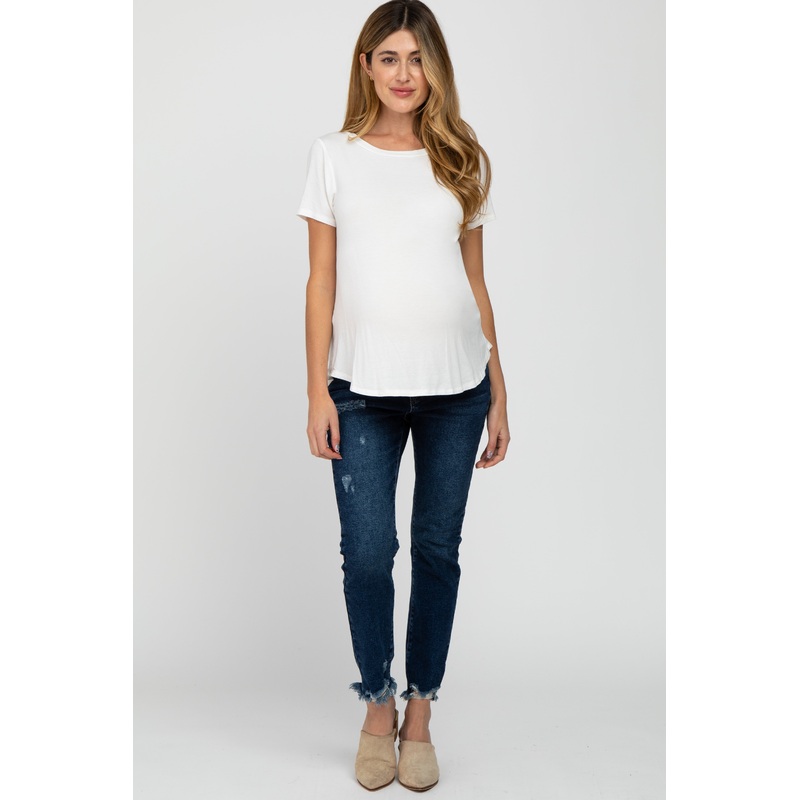 Navy Blue Distressed Frayed Hem Maternity Jeans