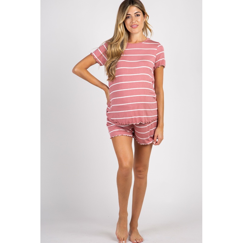 PinkBlush Mauve Striped Ruffle Trim Maternity Pajama Set