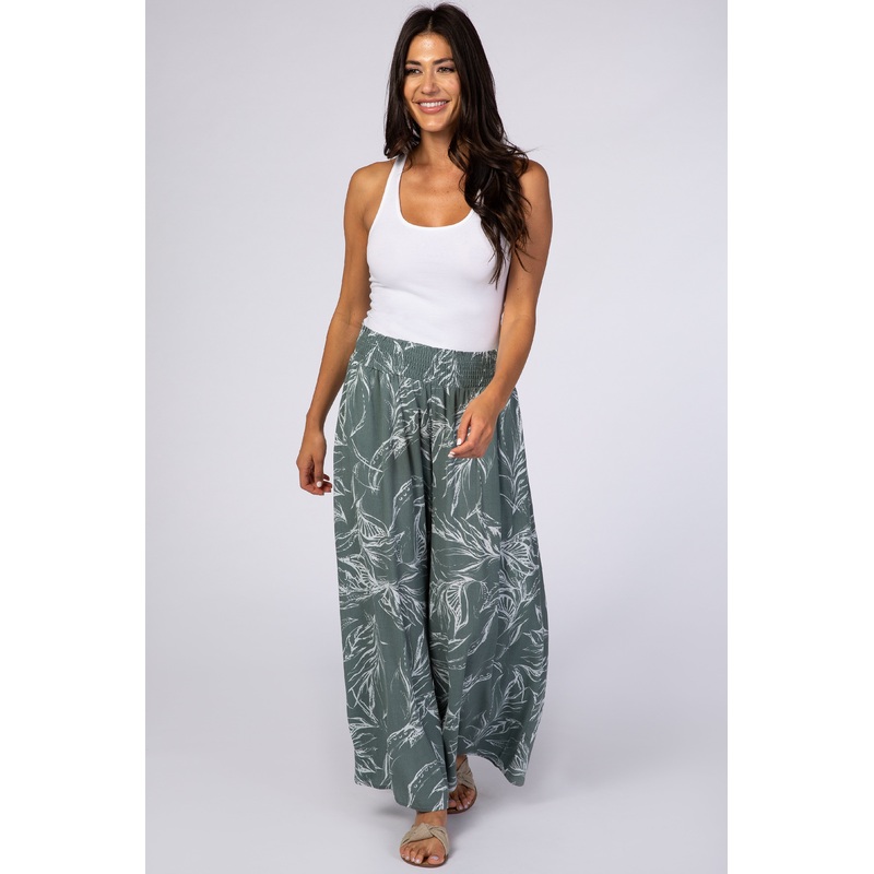 Sage Green Leaf Print Wide Leg Pants