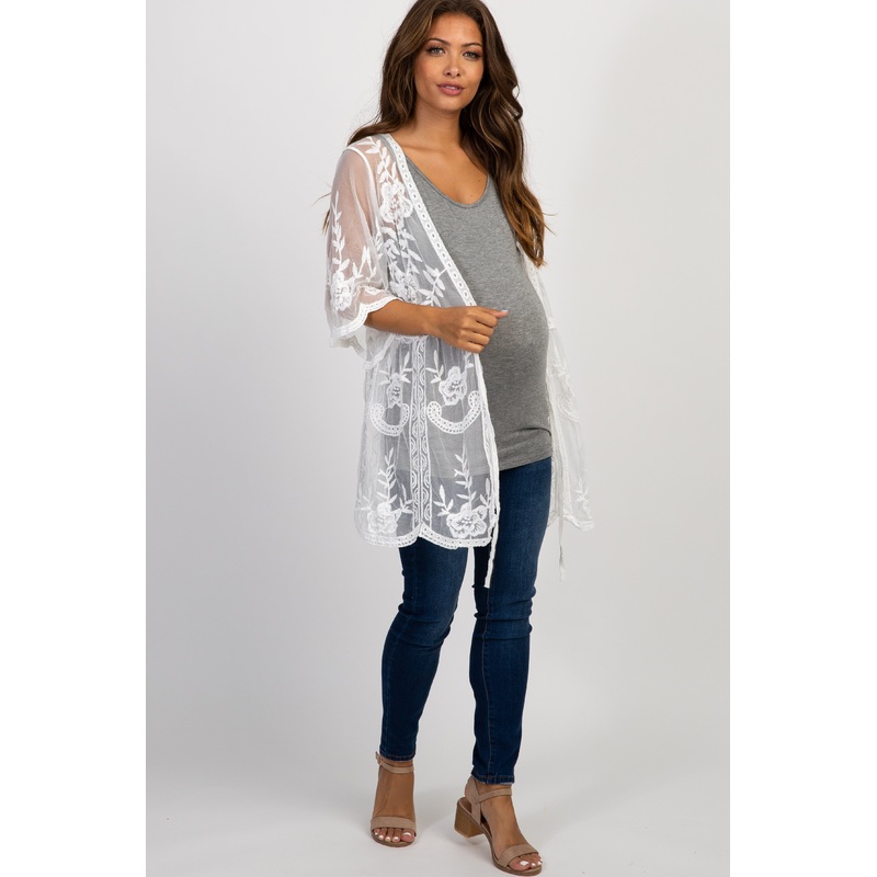 White Lace Mesh Scalloped Hem Maternity Cover Up