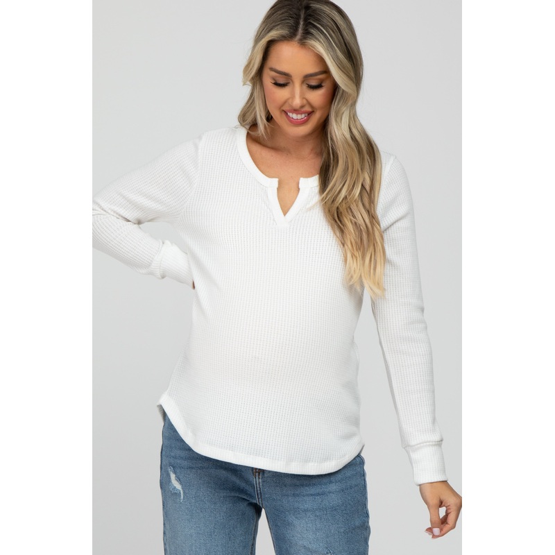 White Waffle Knit Split Neck Long Sleeve Maternity Top