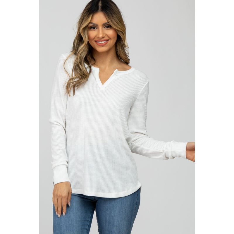 White Waffle Knit Split Neck Long Sleeve Top