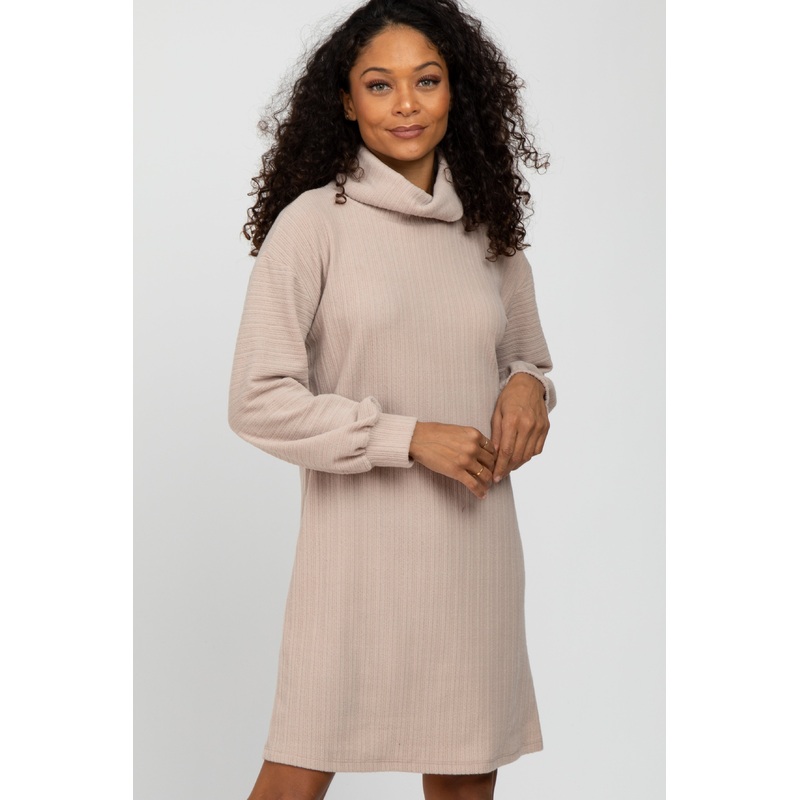 Beige Brushed Rib Turtleneck Dress