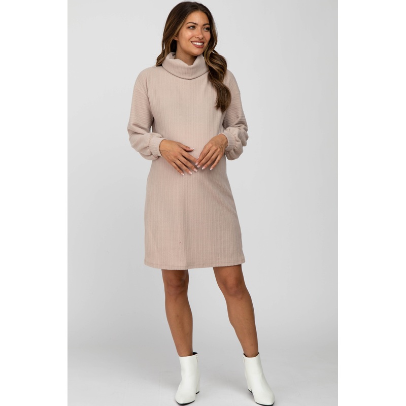 Beige Brushed Rib Turtleneck Maternity Dress