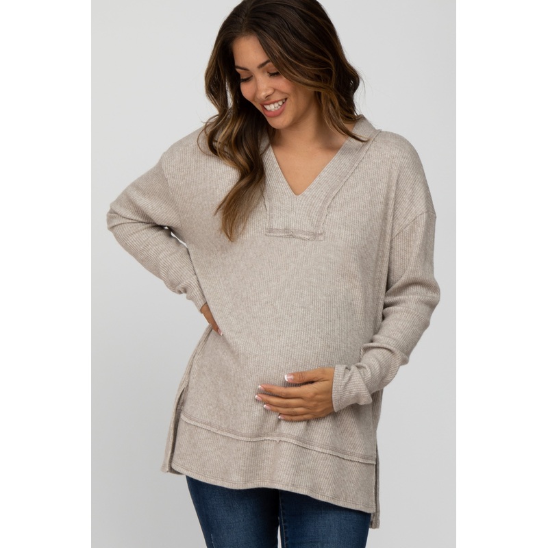 Beige Chenille Knit Long Sleeve Maternity Top