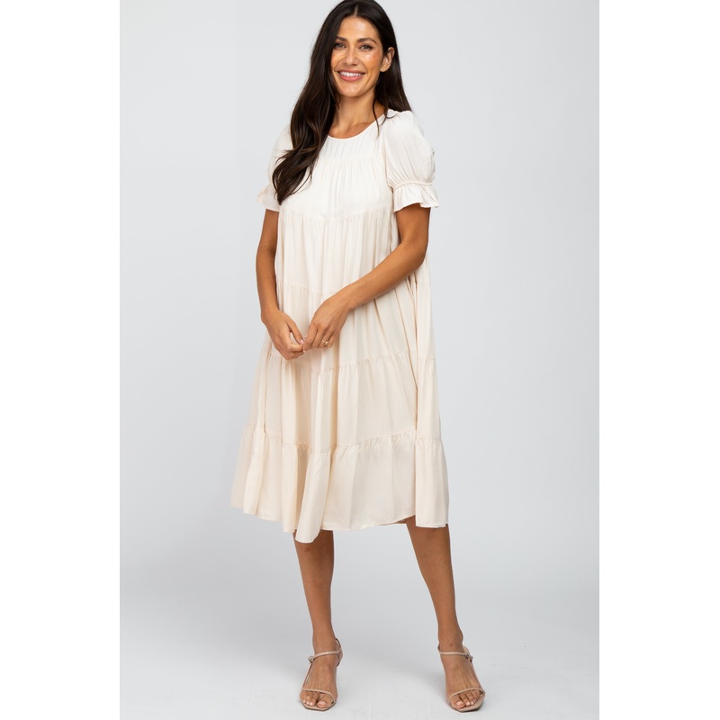 Beige Pleated Ruffle Tier Midi Dress