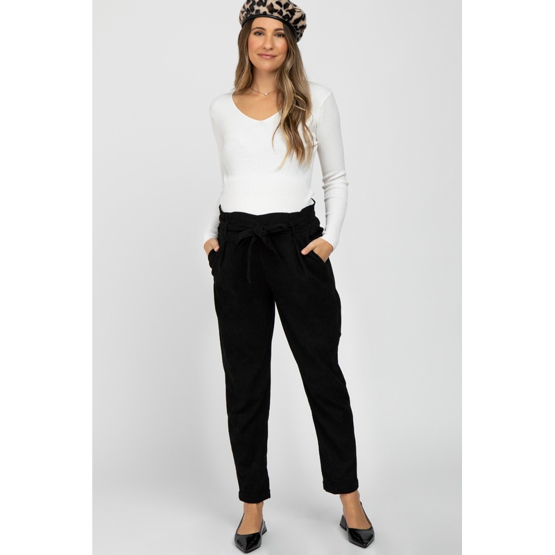 Black Paperbag Waist Cropped Maternity Pants
