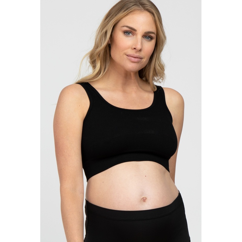 Black Ribbed Seamless Cross Back Maternity Sports Bra