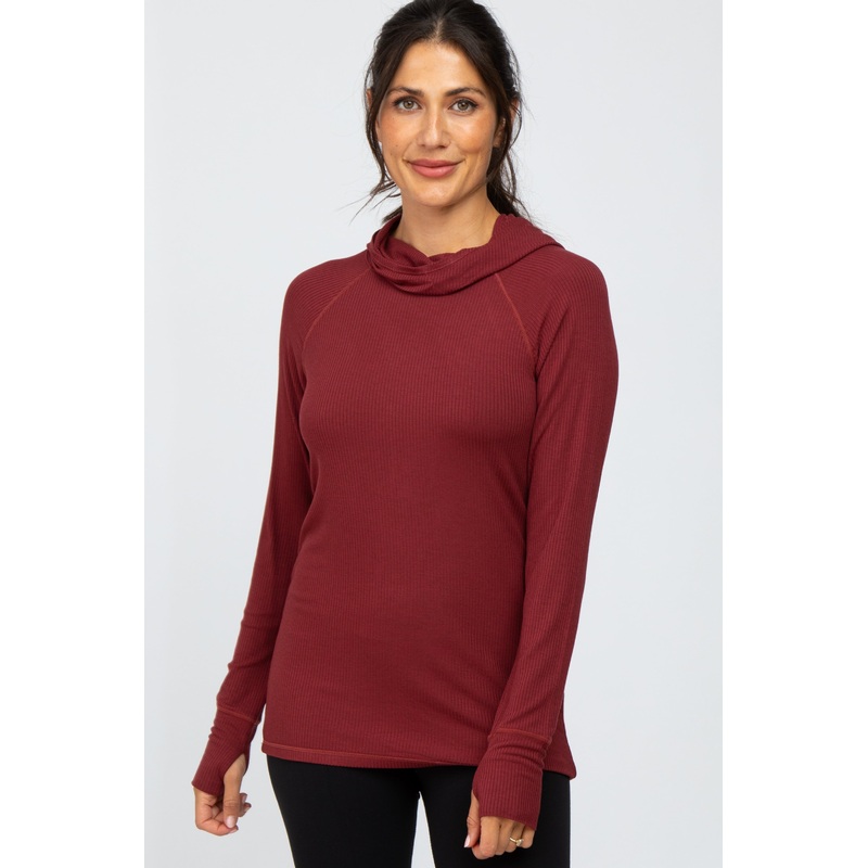Burgundy Ribbed Hooded Active Top