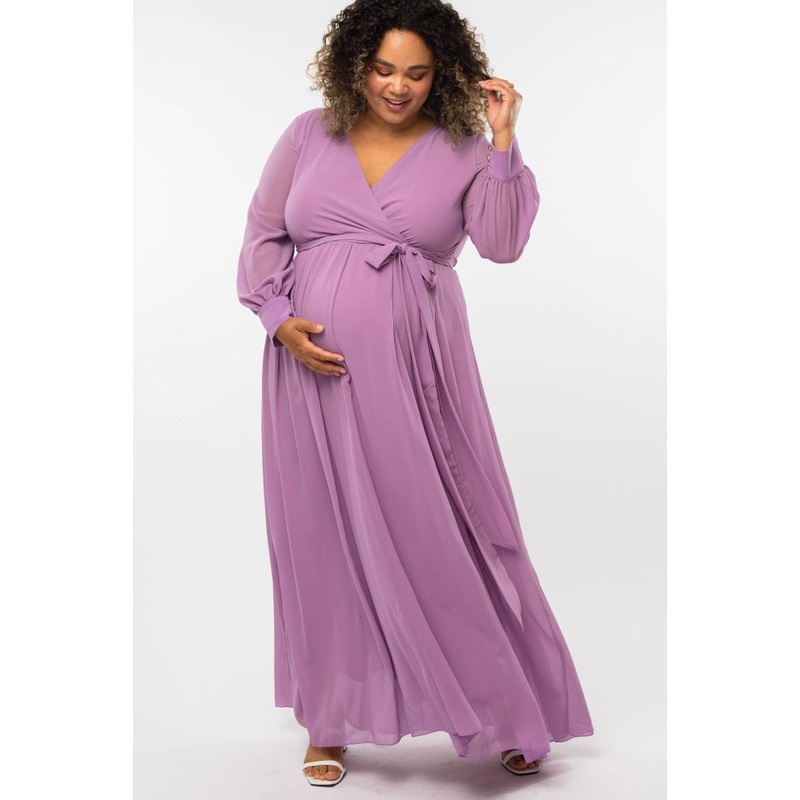 Violet Chiffon Long Sleeve Pleated Plus Maternity Maxi Dress