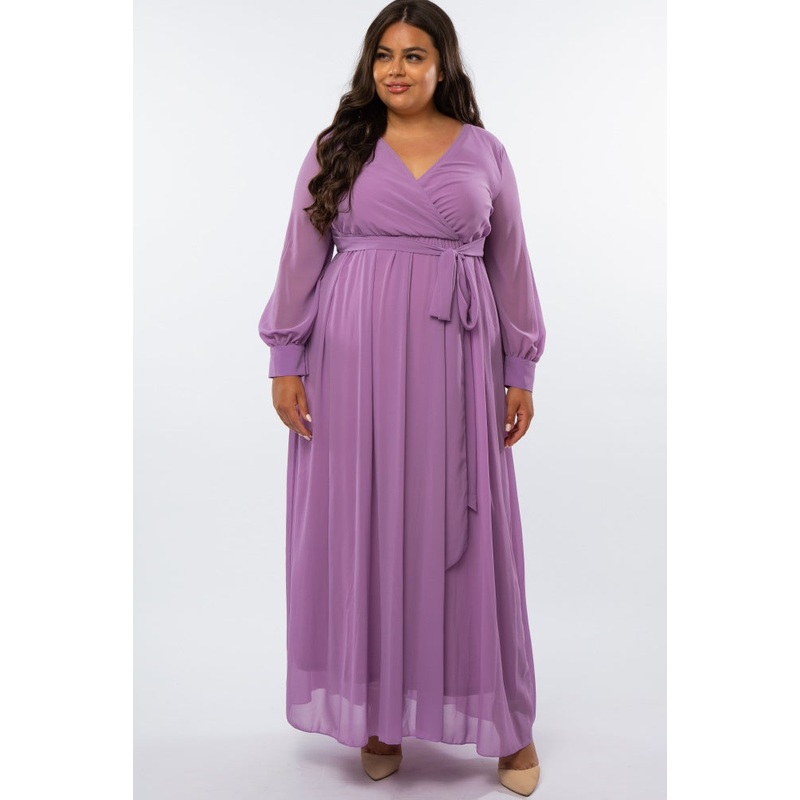 Violet Chiffon Long Sleeve Pleated Plus Maxi Dress